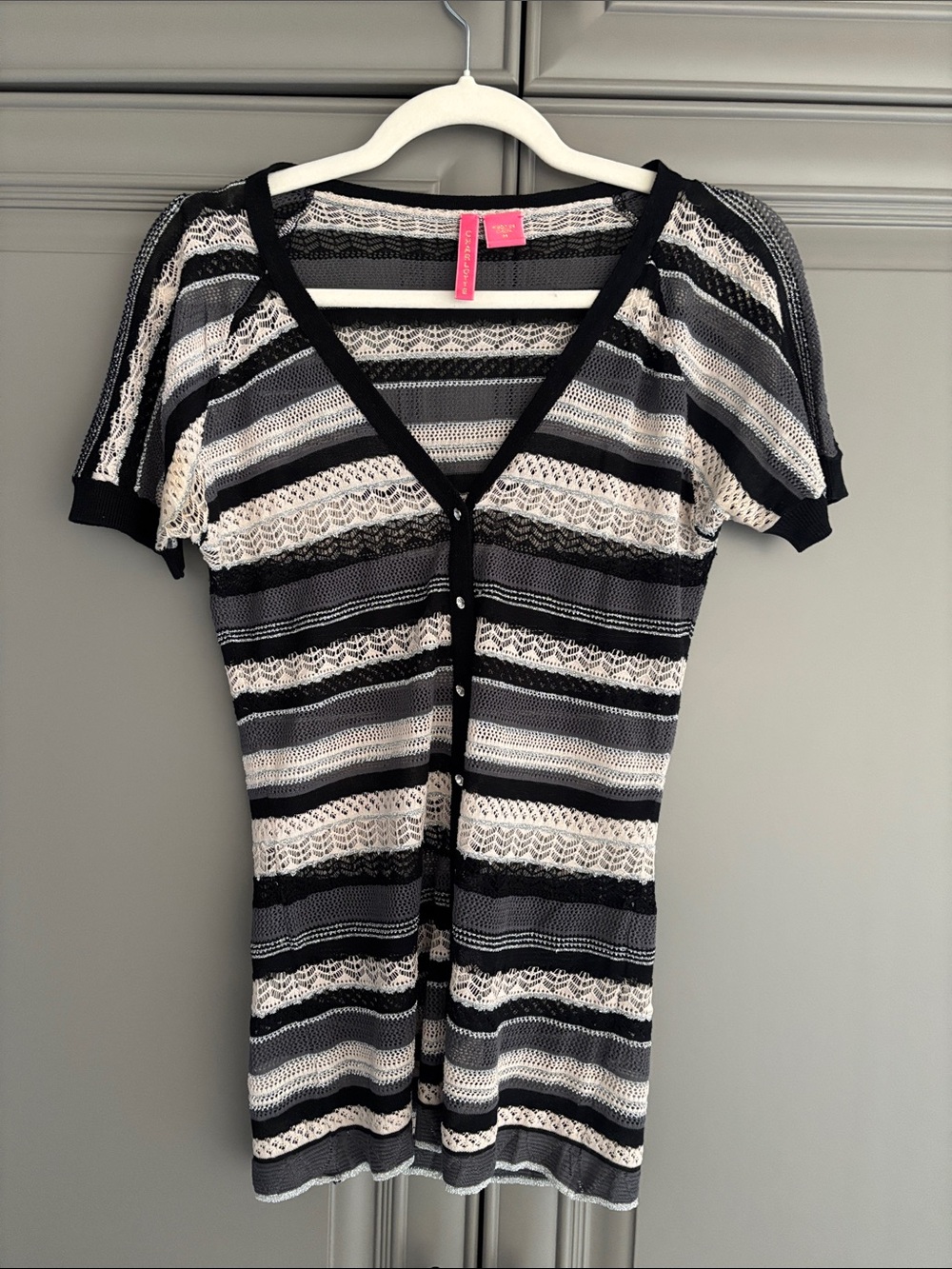 Button-Front Striped Knit Top in Black & White